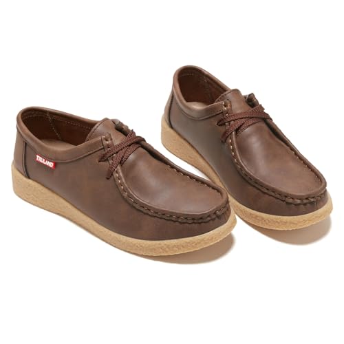 Image of TRULAND Leather Oxford Shoes for Women - Suede Lace Up Moc Toe Low Platform Flat Wallabees Shoes