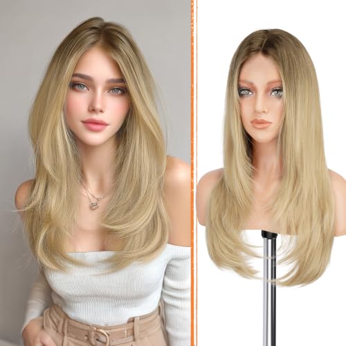Haloo Blonde Wig with Curtain Bangs - Lace Front Hairline Middle Part Long Layered Natural Looking Straight Synthetic Hair Wigs for Women Daily Party, 24 Inch Ombre Blonde