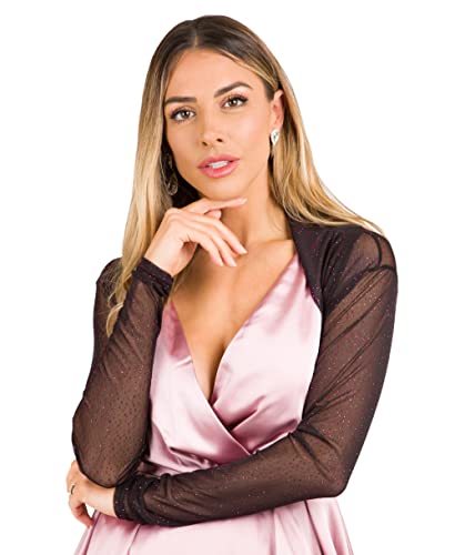 Image of Womens Ruched HIgh Neck Long Sleeve Mesh Shrug, Pink (7537), Small, UK 10, 7537-PNK-10
