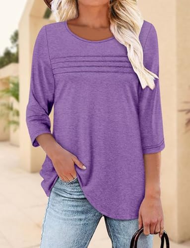 KISSMODA Women's Casual 3/4 Sleeve T-Shirts Round Neck Cute Tunic Tops Basic/Pleated Summer Tops Trendy Spring Blouses