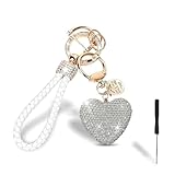 LAINLOY Sparkly Car Key Chain, Rhinestones Heart Shape Key Fob Holder for Women, Personalized Christmas Valentine's Day Presents (White)
