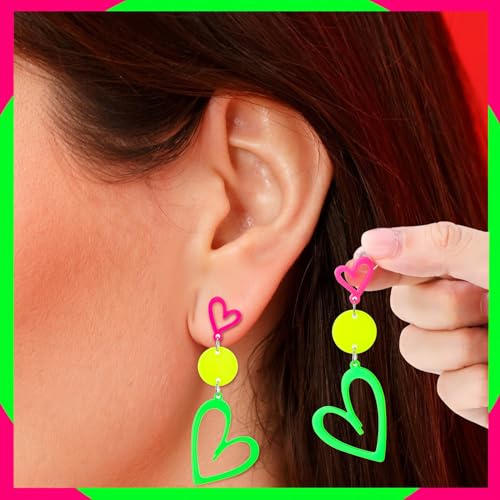 Livdouyu 3 Paar 80er 90er Jahre Neon Ohrringe Damen Retro Ohrringe Accessoires Acryl Set mit Kassette Blitz Herz für Mottoparty Kostüm Party Green