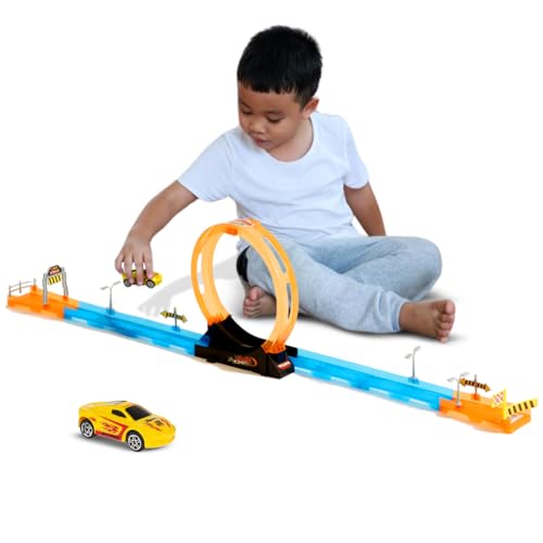 Image of Wembley 15 Piece Multiplayer Track Set Loop Diecast Car Racing Adventure Toys for Kids 3+ Years with Single Loop 360 Spin Way 1 1:64 Scale Pull Back Car