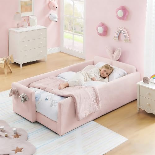 Twin Daybed Frame for Kids, Upholstered Comfy Day Bed Frame with Cartoon Rabbit Bunny Ear Headboard,...
