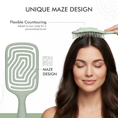 Image of konic Me Flexi Paddle Hair Brush IKM-3017 - Eco Concious, Flexible Maze Design, Wheat Straw & ABS Body, Scalp-Adaptive Comfort, Ion Anti-Frizz Bristles, Wet & Dry Detangling - Jade Green