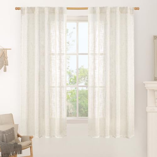 LAMIT Cream Linen Curtains 63 Inch for Bedroom, Ivory Light Filtering Neutral Semi Sheer Window Boho Curtains Back Tab and Rod Pocket Panels for Living Room, 2 Panels, 34 x 63 Inch