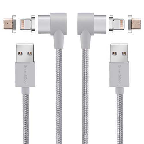 Smart&Cool Gen4 L-Shaped Nylon Braided Magnetic 2 in 1 Charging & Data Sync Cable Compatible with Phones and Tablets with Micro-USB and i-Product Interface (5 feet Silver Twin-Pack)
