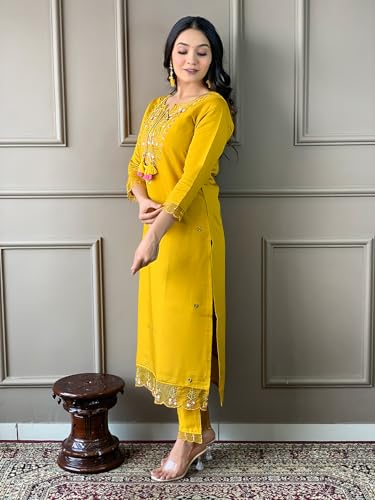 Image of Naixa Women's Mustard Chanderi with Cotton Lining Embroidered Straight Kurta with Chanderi Silk Pant and Crep Silk Printed Dupatta Sets (NX2-556)