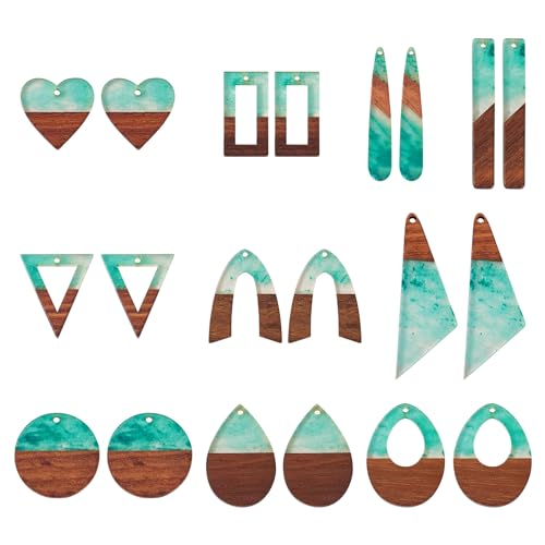 Crafans 20 colgantes grandes de resina de madera de nogal, forma de lágrima, rectángulo, hueco, de madera, forma de corazón, plano, redondo, de resina de madera para hacer joyas, color verde mar claro