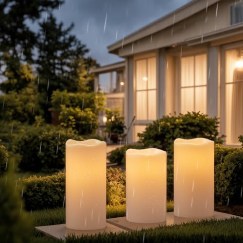 Image of Eldnacele Solar Outdoor Flameless Pillar Candles Waterproof Rechargeable | Solar Powered LED Flickering Candles, White Plastic Dusk to Dawn, Garden Porch Wedding Lantern Decor, 3 inch x 5 inch6 inch8 inch, 3 Pack