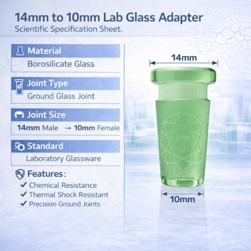 Image of Terporium Borosilicate Glass Reduction Adapter (Single) | Laboratory Glassware Connector | 14mm Male to 10mm Female Scientific Glass Adapter Lab Glassware | Green