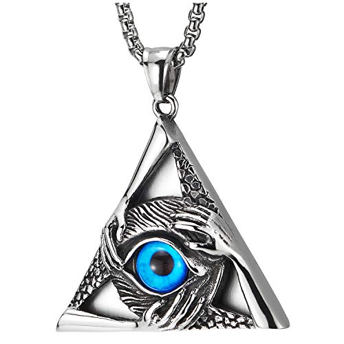 COOLSTEELANDBEYOND Steel Vintage Evil Eye Protection Hands Triangle Pendant Necklace for Men Women 30 Inch Wheat Chain