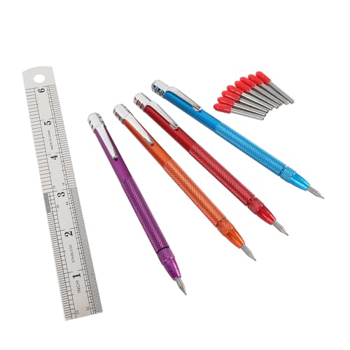 Plyisty Confezione 4 Strumenti per Tracciare con Punta in Carburo di Tungsteno con 8 Ricariche 1 Righello, Penna per Incisioni per Incisioni per Piastrelle di Ceramica, Vetro, Marmo,
