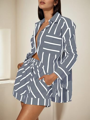 Image of Tankaneo Womens Striped 2 Piece Outfits Button Down Shirts and Shorts Lounge Matching Sets