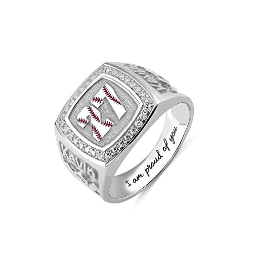 AILIN Custom Baseball Texture Signet Rings 925 Sterling Silver Personalized Engraved Name Lucky Player Number Birthstone Rings Sport Fans Baseball Fans Jewelry Birthday Gifts For Men Father