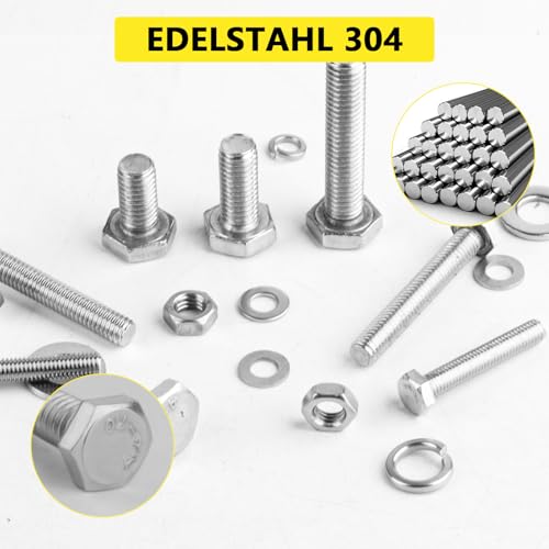 260 Stück M5 M6 M8 Schrauben Set, Sechskantschrauben Muttern Set mit Federringe & Unterlegscheiben Sets, 304 Edelstahl Gewindeschrauben Sets, Sechskant Maschinenschrauben Sortiment