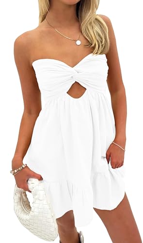 Cantonwalker White Strapless Mini Dress Elasticated Waistband Twist Flowy Mini Dress for Summer 0299