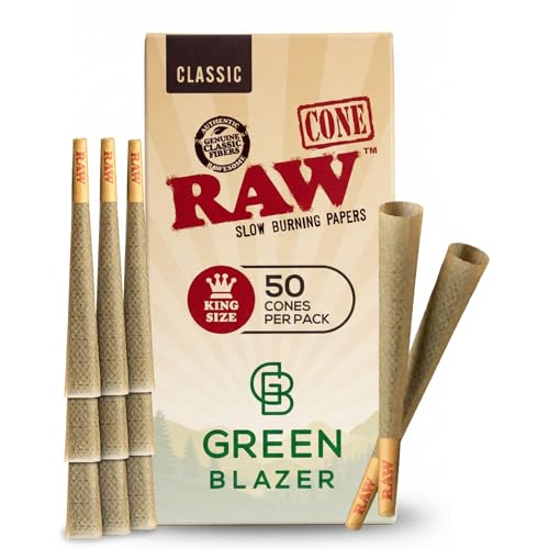 RAW Cones Classic King: 50 Pack Patented Slow Burning Cones Rolling Papers with Tips All Natural RAW Paper 109mm Green Blazer Preroll Loader