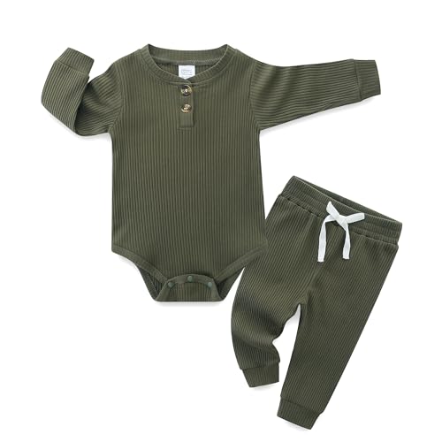 Image of Hikido Newborn Baby Boy Girl Clothes Infant Ribbed Romper Cotton Long Sleeve Pant Sets for 0~18M Infant