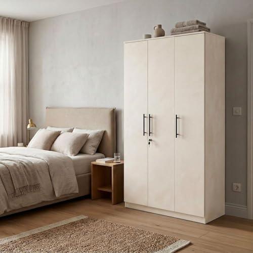 Image of FFO Metrix 3 Door Wardrobe for Bedroom | Black Wooden Almirah with Hanging Rod, Shelves & Lock | Spacious Clothes Storage Cabinet for Home, Bedroom, Hostel & Office | Modern Engineered White DIY.