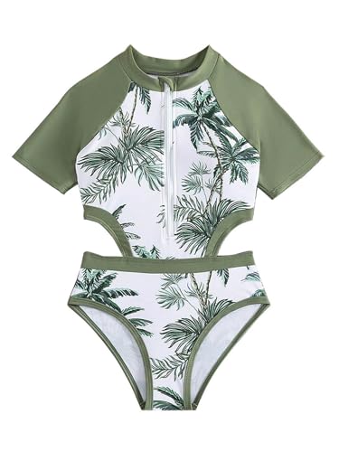 Eandarui Kids Girls One Piece Short Sleeve Coconut Tree Print Bikini Cutout Zipper Swimsuit Beach Bathing Suit Green 10-11 Years