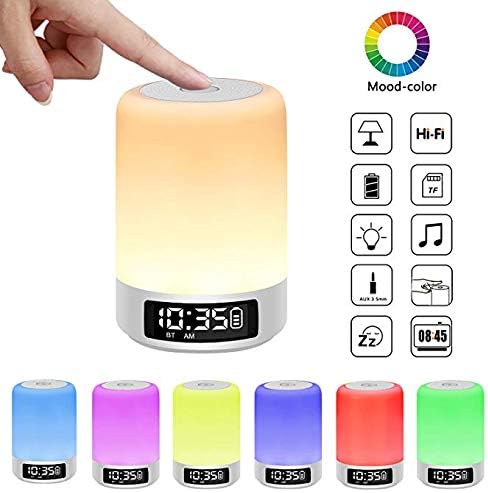Night Light & Alarm Clock with Bluetooth Speaker, Smart Touch Sensor Bedside Lamp, (Dimmable 3 Level Warm White Light & Six Color Changing RGB, Micro SD Supported) SZD-11