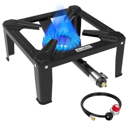 Bestfire High Pressure Propane Burner, 120000 BTU Single Propane Stove with 4.1ft 0-20Psi Adjustable Hose with Regulator, 16" Square Steel Cooktop for Camping