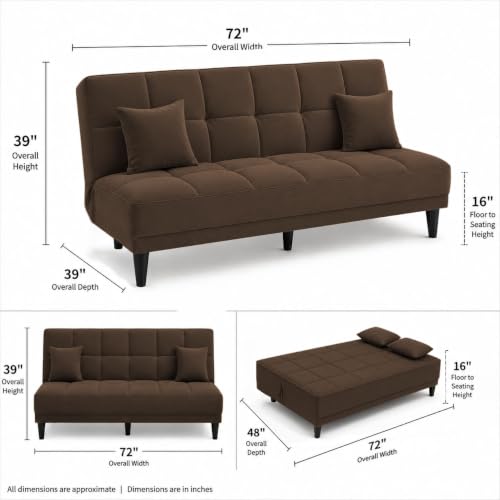 Image of Adorn India Alyssum 3 Seater Sofa Cum Bed 4X6 Velvet 2 Cushions (Color Brown) and Suitable for All Indoor, with 3 Years Warranty