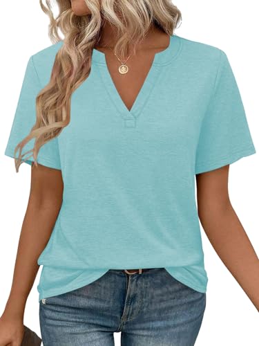 Cuptacc Tee Shirt Bleu Clair Femme Col V Manche Courte Top Femme Chic et Elegant Couleur Unie...