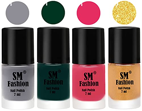 Image of Nail Polish Combo Set (Pack of 4) Quick Dry Gel Finish Nail Paint | Gray,Dark Green,Dark Rose Pink,Light Golden | 7 ml Each