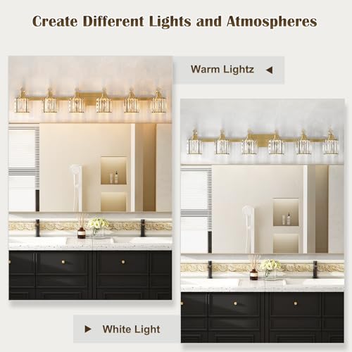 Image of GarveeTech Crystal Gold Bathroom Vanity Light 6 Light Modern Bathroom Light Fixtures Over Mirror Modern Crystal Vanity Lighting