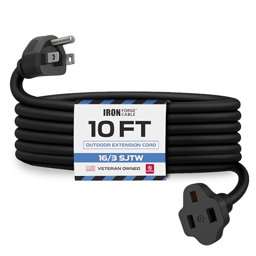 Iron Forge Cable 10 Ft Black Extension Cord, 16/3, 10 Foot Extension Cord, 3 Prong, Weatherproof - Great for Outside Use