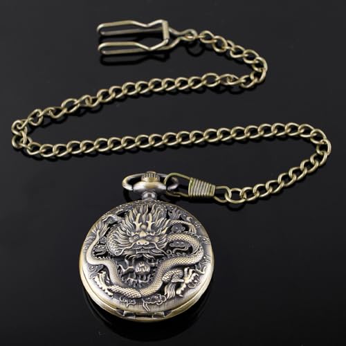 Image of Dragon Design Quartz Pocket Watch Roman Numerals with Chain Birthdays Gifts for Father's Days