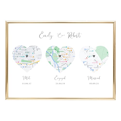 Personalised Map Location Print Hearts, UNFRAMED, Where We Met Engaged Married Map Poster