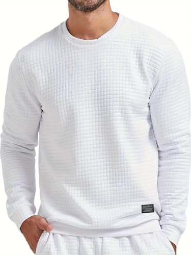 Image of KAJARU Quilted Pattern Long Sleeve Sweatshirt, Round Neck, Men's Casual Pullover, Grey, Black, Beige