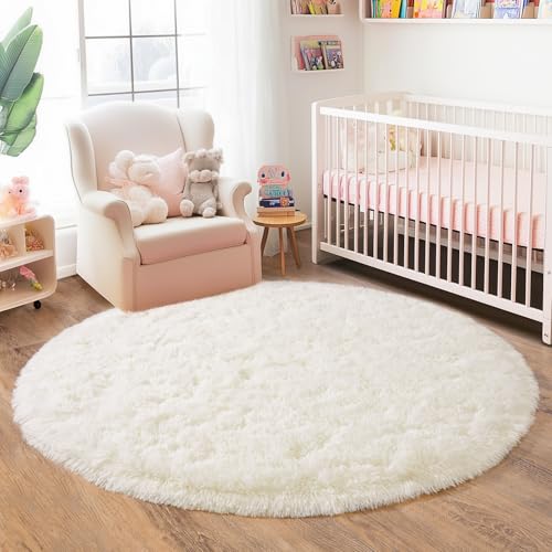 6‘x6’ Cream Round Rugs for Girls Bedroom, Ultra Soft Fluffy Circle Rug for Kids Room, Cute Shag Rugs for Living Room Playroom Tent Castle Home Decor Rug