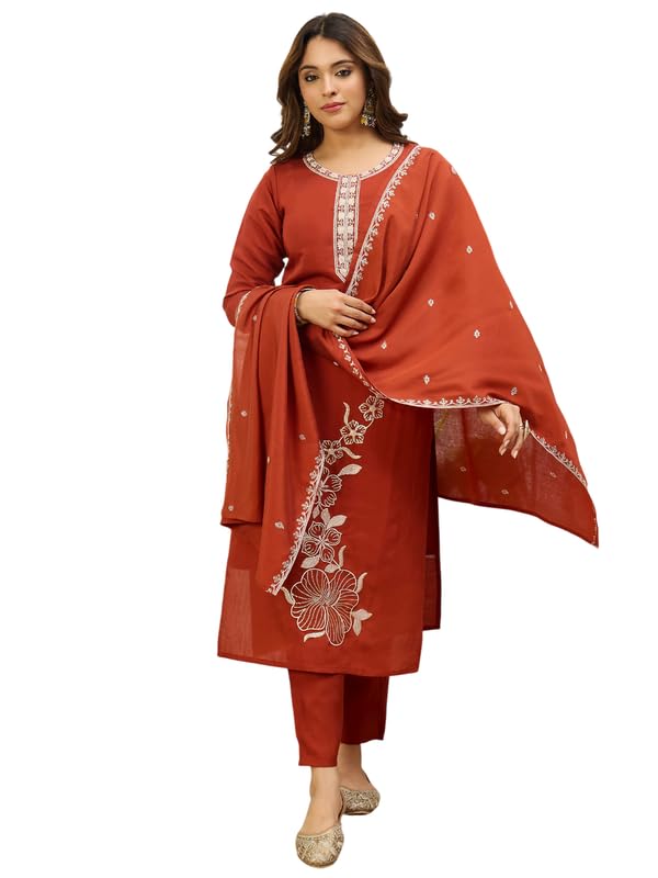 Women's Roman Silk Straight Kurta with Pant & Muslin Dupatta Set | Embroidered 3 Piece Ethnic Set for Women-picture-12