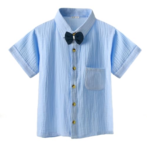 Image of Bold N Elegant Kids Linen Solid Shirt & Shorts Co-Ord Set|Stylish Party Short-Sleeve Shirt With Bow & Comfy Shorts|Cool & Comfortable Summer Wear