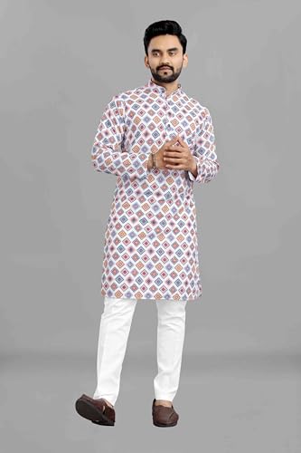 Image of LookMark Men's Cotton Blend Printed Long Kurta Suitable for All Indian Wedding, Occasions, and Festivals