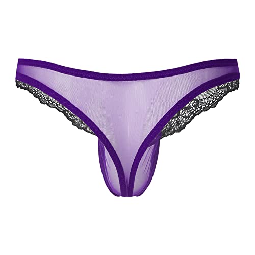 Fghsfrt Men Sexy Underwear Lace Low Rise Briefs T-Back Thongs Sissy Panties Intimate Lingeries Purple #TOP1