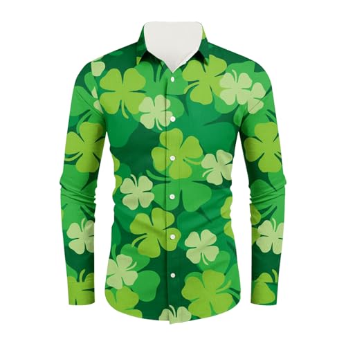 GOFULY St Patricks Day Shirts for Men Hawaiian Shamrock Printed Long Sleeve Button Shirts Collared St Patrick’S Day Outfits2