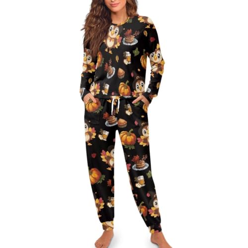 Image of Womens Lounge Set Long Sleeve Soft Pajama Sets Casual 2 Piece Pj Outfit Crewneck Sleepwear with Pockets Plus Size