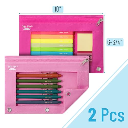 Image of Mr. Pen- Pencil Pouch for 3 Ring Binder, 2 Pack, 10 inchx6.75 inch, Smooth Zipper | Clear Window, Large Capacity Pencil Case with 3 Reinforced Grommets for School, Office, Supplies Storage