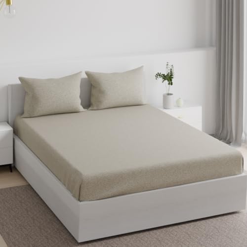 Image of Wakefit 100% Cotton 160 TC Fitted Bedsheet with 2 Pillow Covers | Dune Queen, 78 inch x 60 inch, Dune| 1.98m x 1.52m
