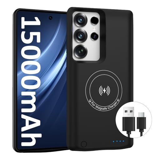 HUOBAO Akkuhülle für Samsung Galaxy S25 Ultra (15000 mAh), schnelles GaN-Ladegerät, tragbare Powerbank-Ladehülle, kabelloses Ladegerät, Backup mit 20 W USB-C-Kabel (17,5 cm), Schwarz