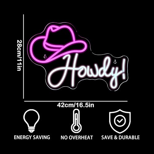 Image of ineonlife Cowboy Hat Neon Sign Howdy Neon Lights Pink Led Neon Signs Preppy Girls for Wall Decor Light Up Sign for Bar Beer Bedroom Living Room Beauty Girls Club Decoration Gifts