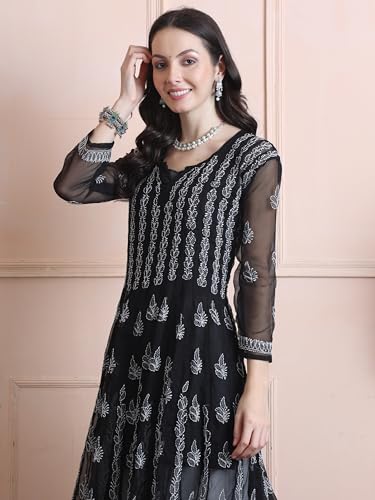 Image of FAWOMENT Women's Designer 56 Kali Kurta with Fine Lucknowi Hand Embroidered Chikankari