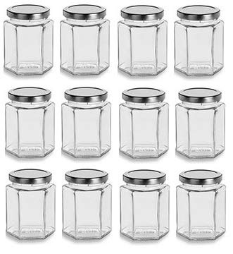 Nakpunar 12 pcs 9 oz Hexagon Glass Jars with Silver Lids - 270 ml