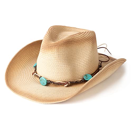 Lisianthus Straw Cowboy Hat For Women & Men Western Cowgirl Hat With Wide Brim Teal Chain-Beige/Brown #TOP12