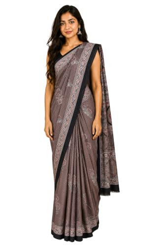 Image of Ethnics of Kutch Womenss Ajrakh Modal Silk Natural Dye Hand Block Print Saree with Blouse Piece - 5.5 Mtr Length